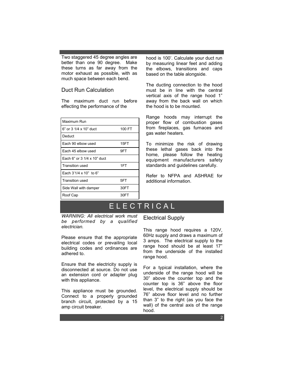 Electrical supply, Duct run calculation | Sirius Range Hoods SUT900 User Manual | Page 5 / 12