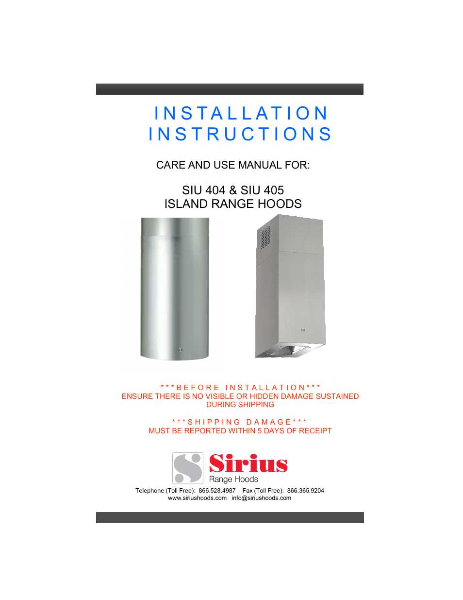 Sirius Range Hoods SIU 405 User Manual | 12 pages