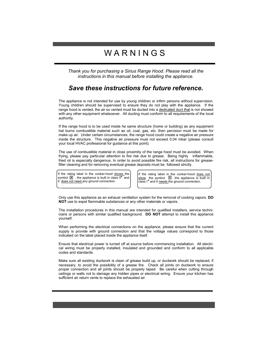 Save these instructions for future reference | Sirius Range Hoods SIU 405 User Manual | Page 2 / 12