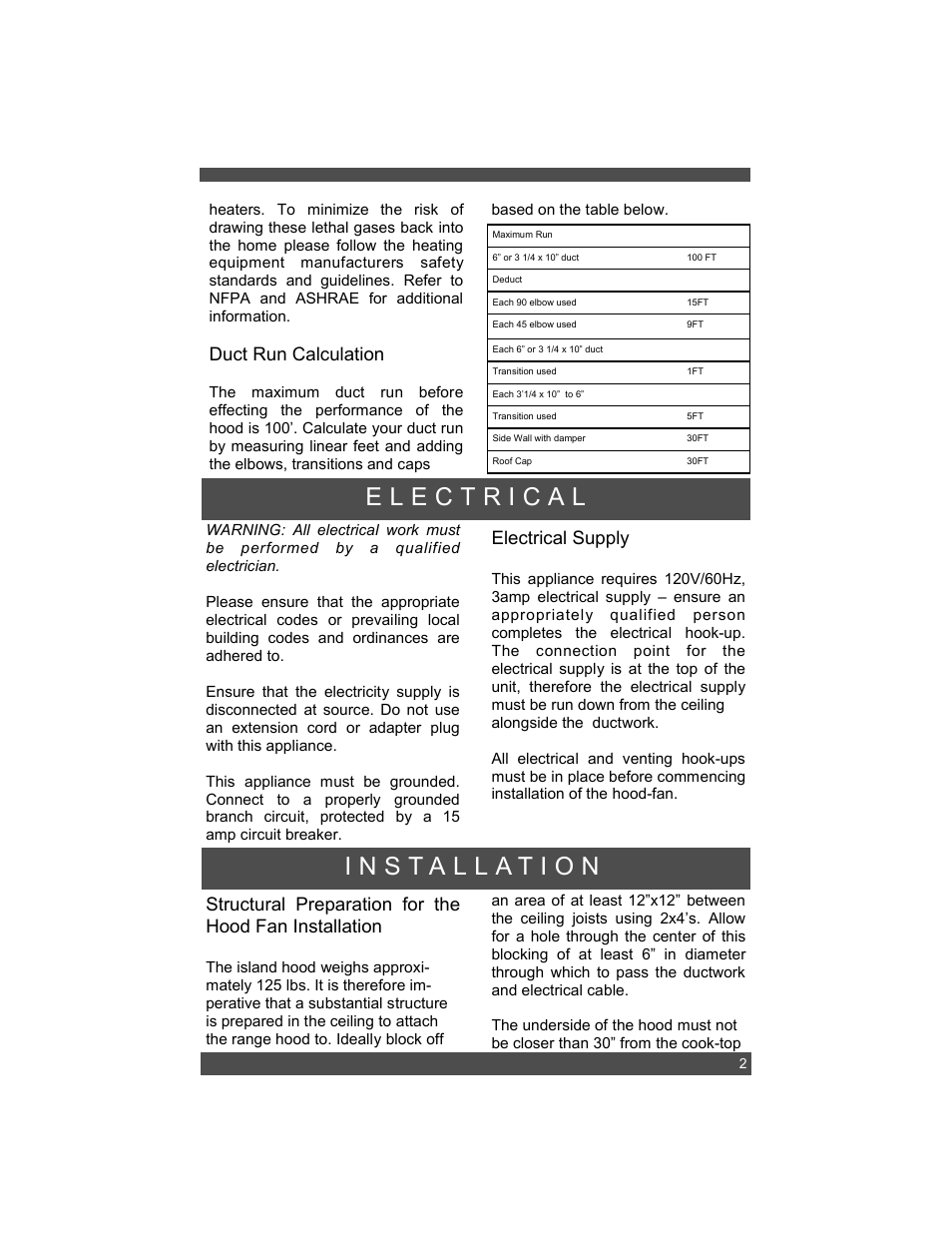 Duct run calculation, Electrical supply | Sirius Range Hoods SIU 405 User Manual | Page 5 / 12