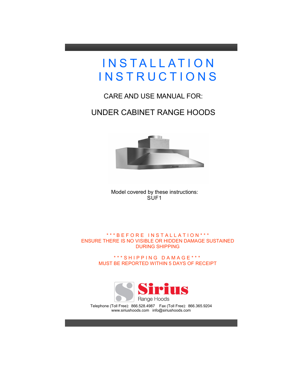 Sirius Range Hoods SUF1 User Manual | 12 pages