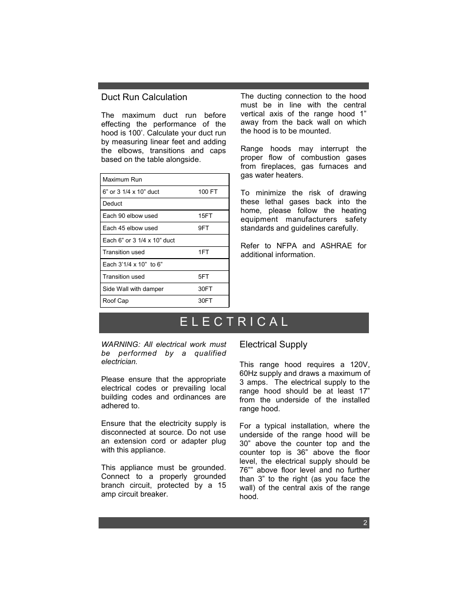 Electrical supply, Duct run calculation | Sirius Range Hoods SUF1 User Manual | Page 5 / 12