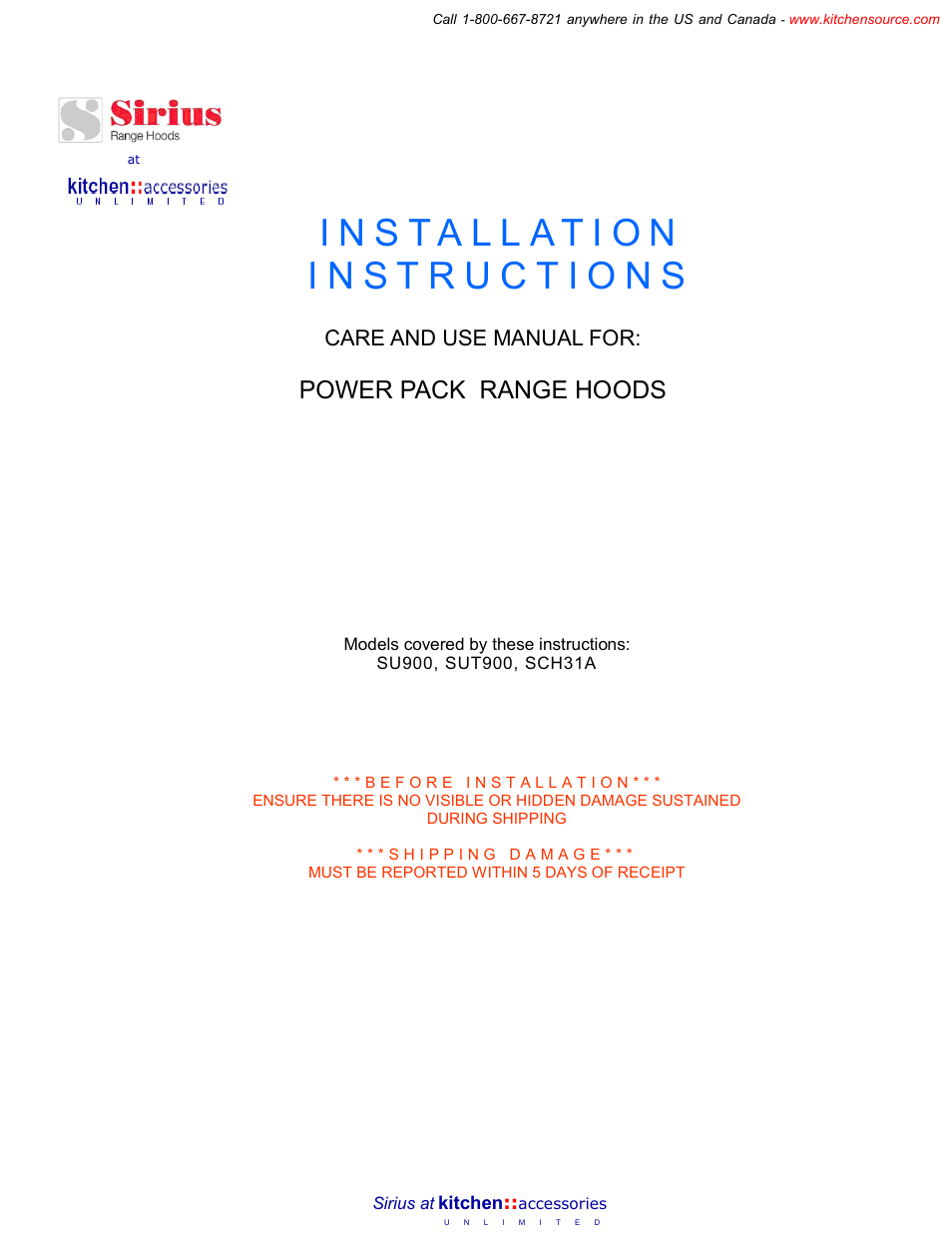 Sirius Range Hoods Range Hoods User Manual | 4 pages