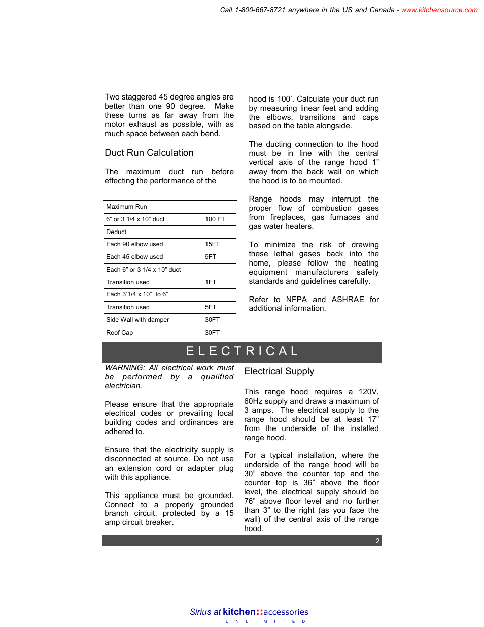 Electrical supply, Duct run calculation, Kitchen | Sirius Range Hoods Range Hoods User Manual | Page 4 / 4