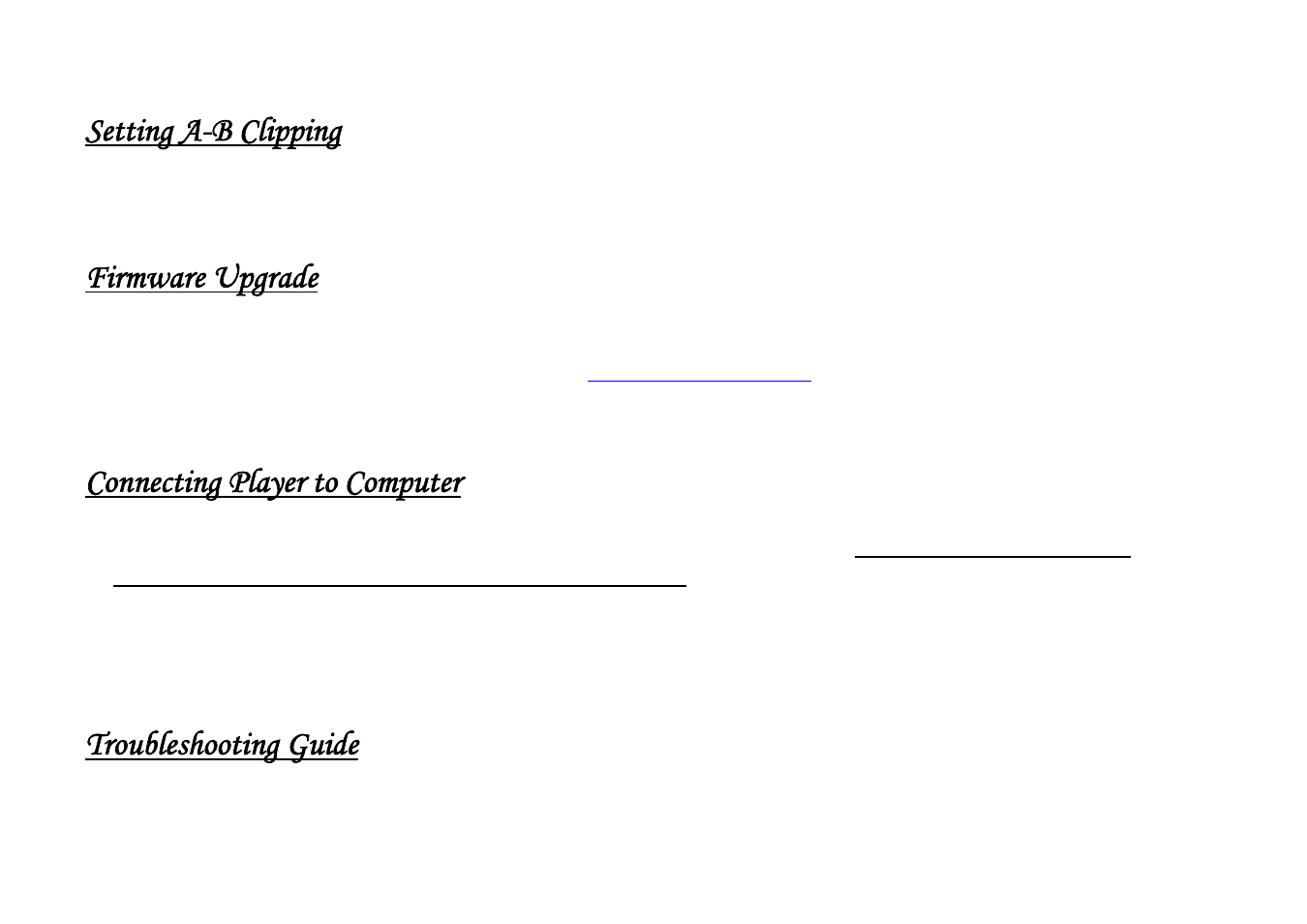 Setting a-b clipping, Firmware upgrade, Connecting player to computer | Troubleshooting guide | Shiro 1.3 User Manual | Page 9 / 11