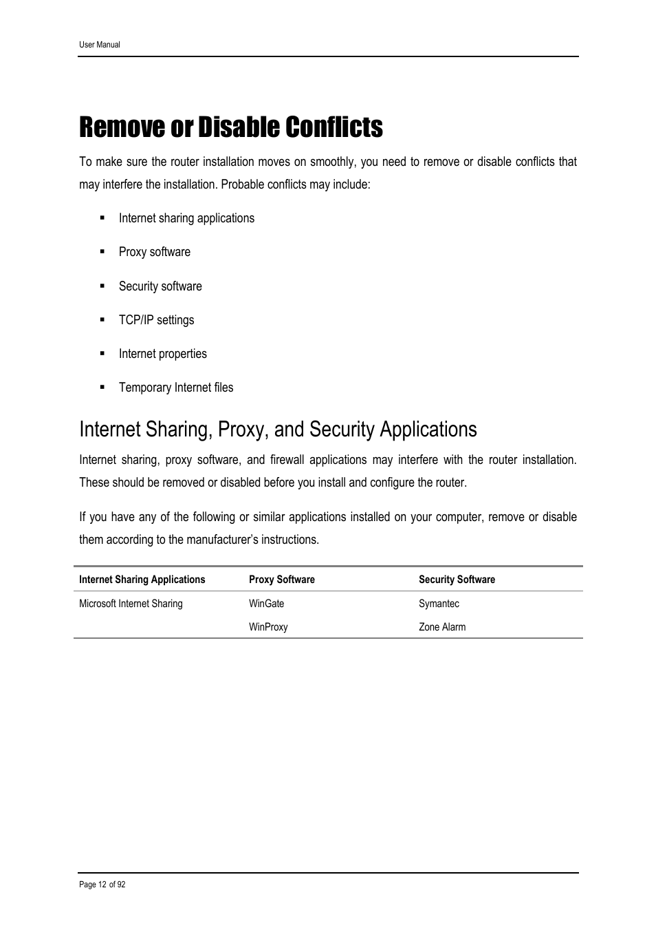 Remove or disable conflicts, Internet sharing, proxy, and security applications | Shiro ADSL 2/2+ Ethernet Modem User Manual | Page 12 / 92
