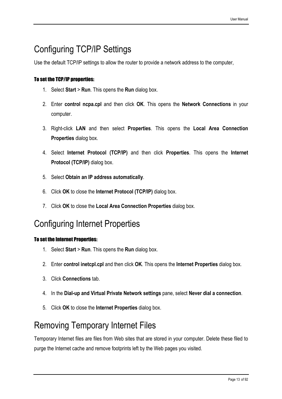 Configuring tcp/ip settings, Configuring internet properties, Removing temporary internet files | Shiro ADSL 2/2+ Ethernet Modem User Manual | Page 13 / 92