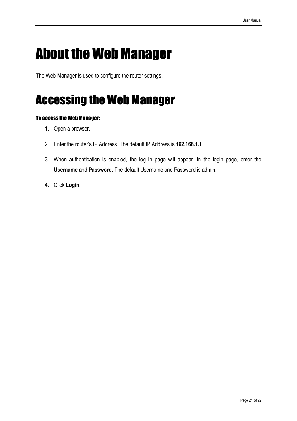 About the web manager, Accessing the web manager | Shiro ADSL 2/2+ Ethernet Modem User Manual | Page 21 / 92