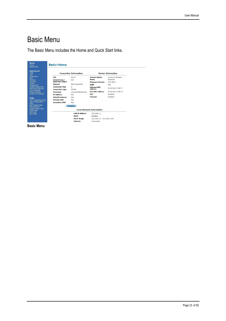 Basic menu | Shiro ADSL 2/2+ Ethernet Modem User Manual | Page 23 / 92