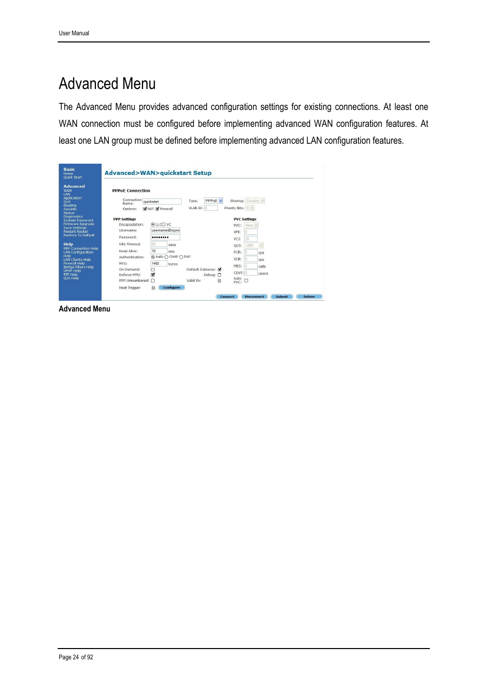 Advanced menu | Shiro ADSL 2/2+ Ethernet Modem User Manual | Page 24 / 92
