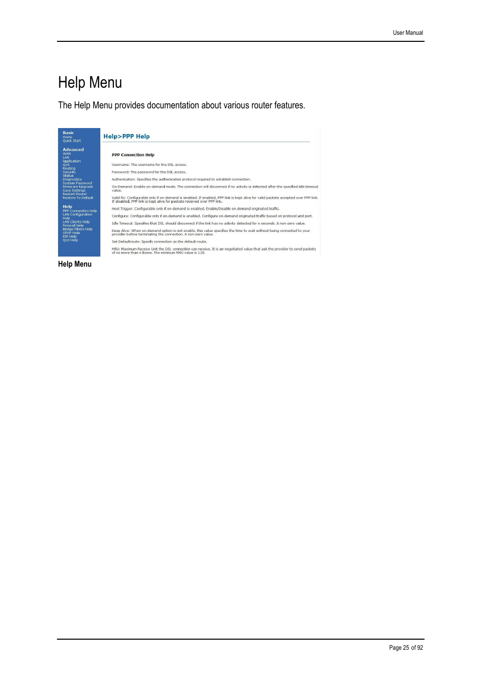 Help menu | Shiro ADSL 2/2+ Ethernet Modem User Manual | Page 25 / 92