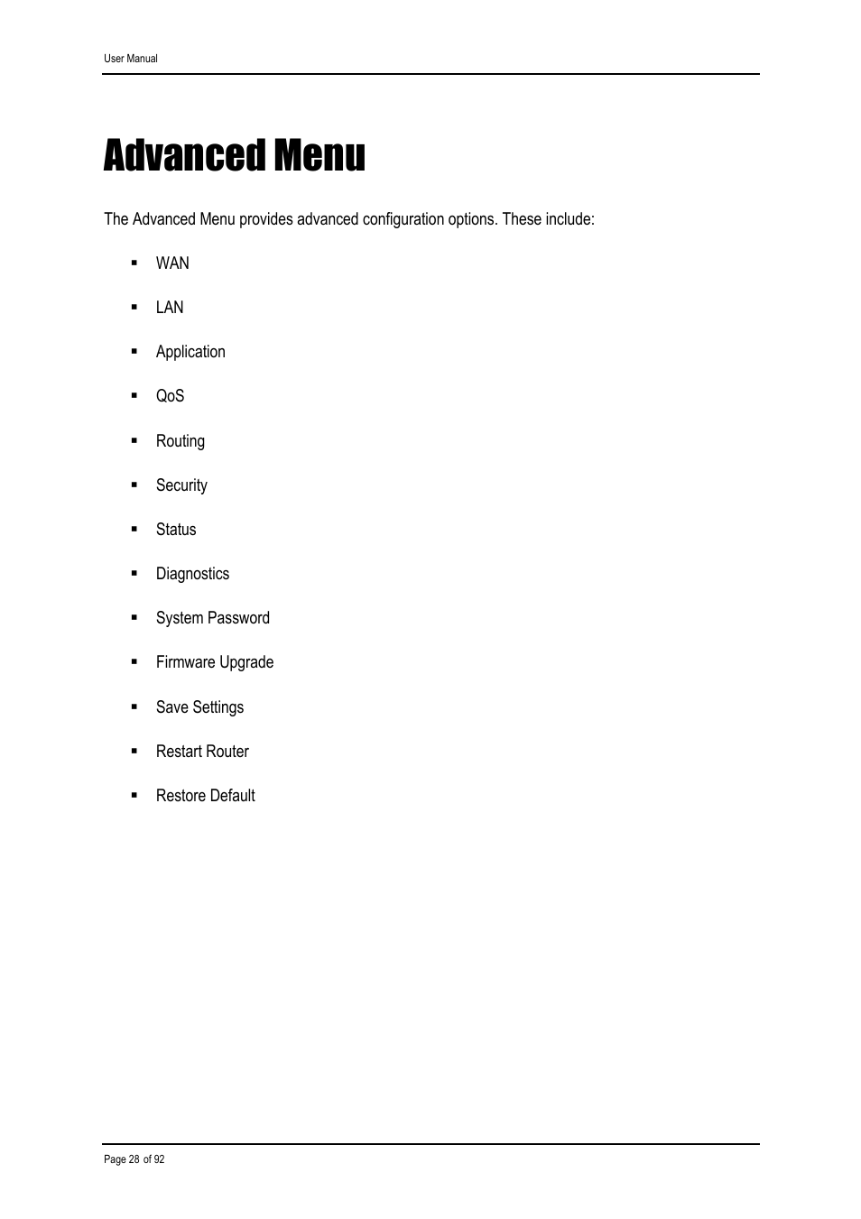 Advanced menu | Shiro ADSL 2/2+ Ethernet Modem User Manual | Page 28 / 92