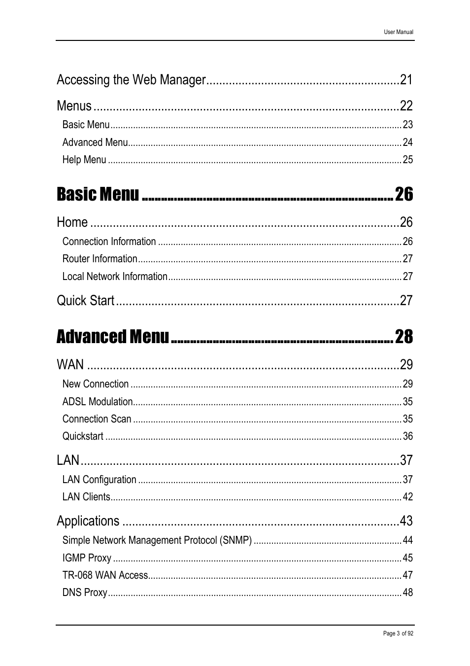 Basic menu, Advanced menu, Accessing the web manager | Menus, Home, Quick start, Applications | Shiro ADSL 2/2+ Ethernet Modem User Manual | Page 3 / 92