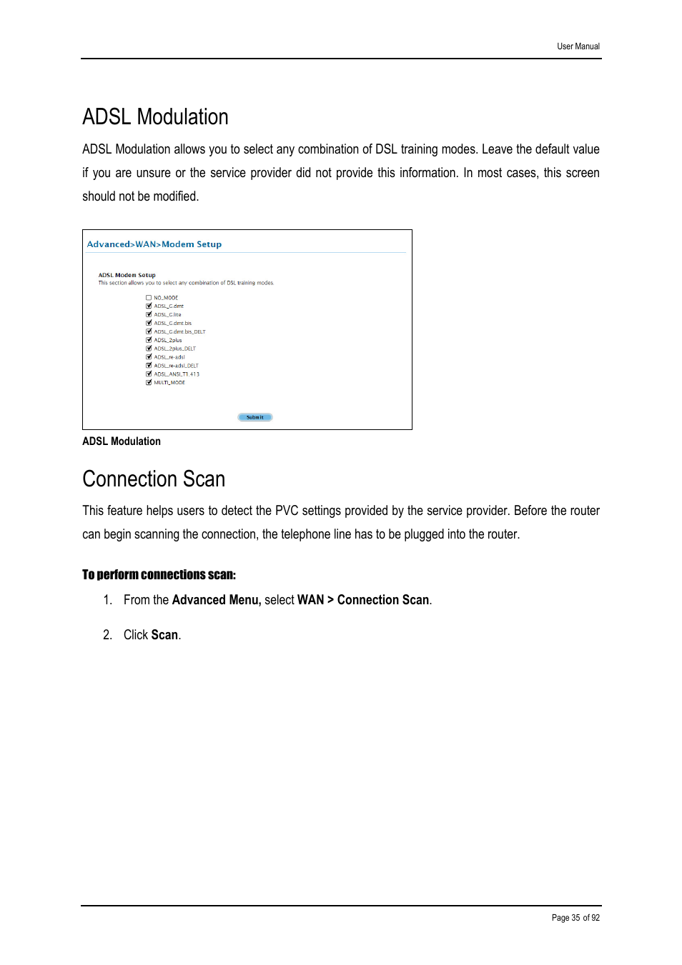 Adsl modulation, Connection scan | Shiro ADSL 2/2+ Ethernet Modem User Manual | Page 35 / 92