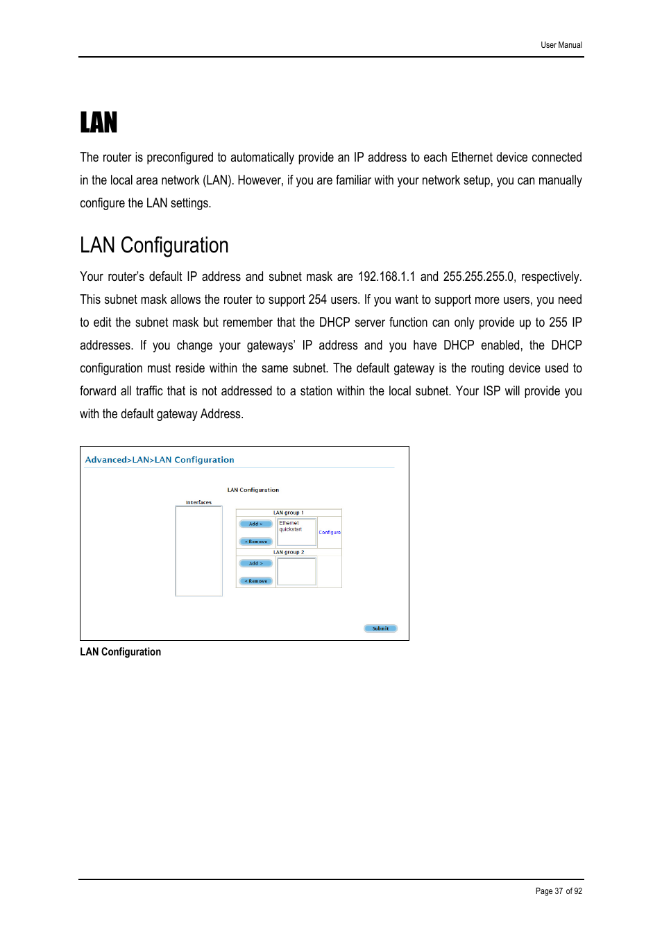 Lan configuration | Shiro ADSL 2/2+ Ethernet Modem User Manual | Page 37 / 92