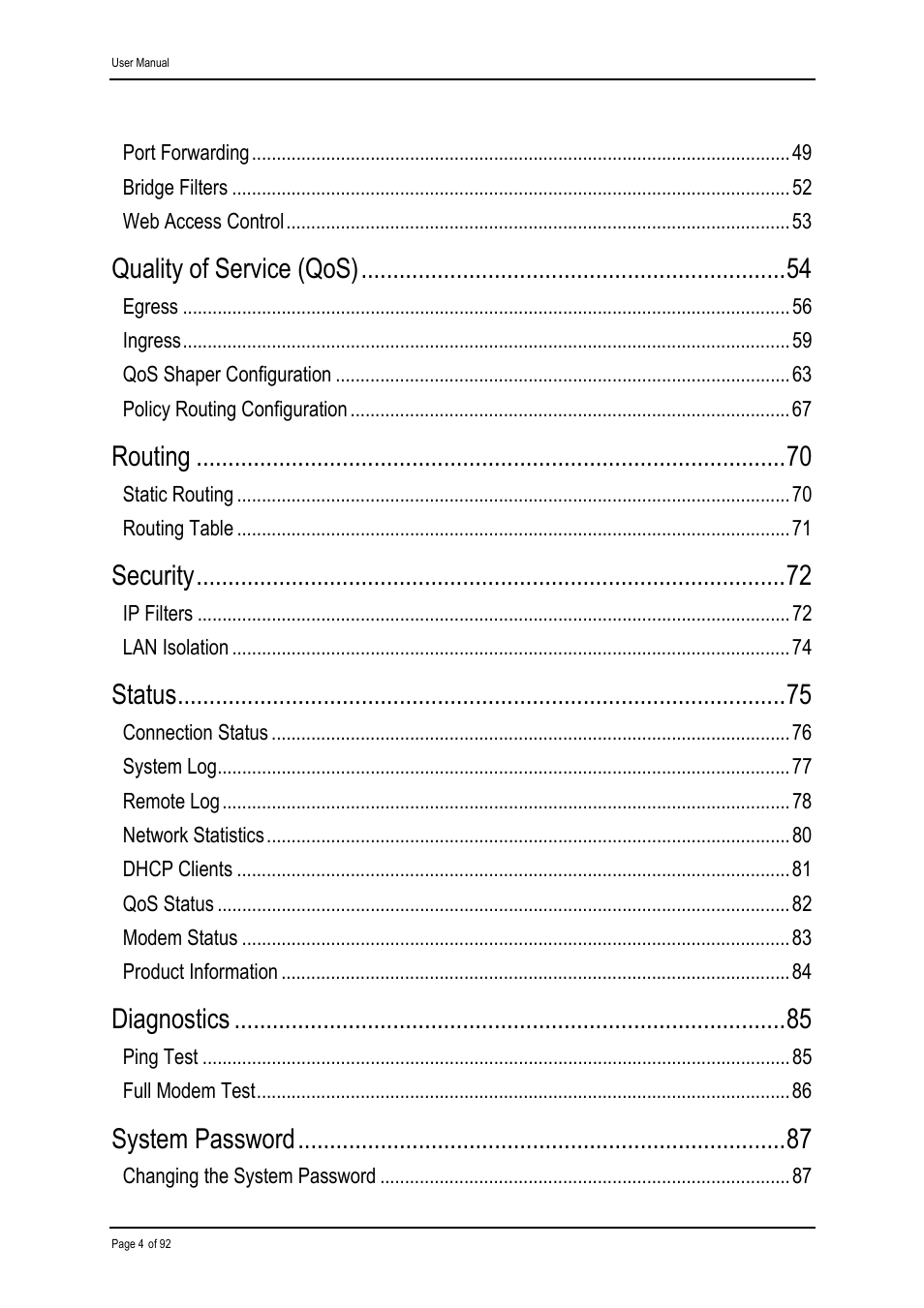 Quality of service (qos), Routing, Security | Status, Diagnostics, System password | Shiro ADSL 2/2+ Ethernet Modem User Manual | Page 4 / 92