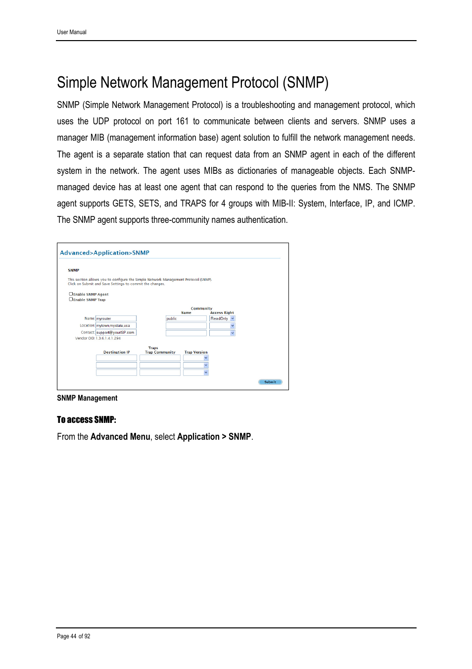 Simple network management protocol (snmp) | Shiro ADSL 2/2+ Ethernet Modem User Manual | Page 44 / 92