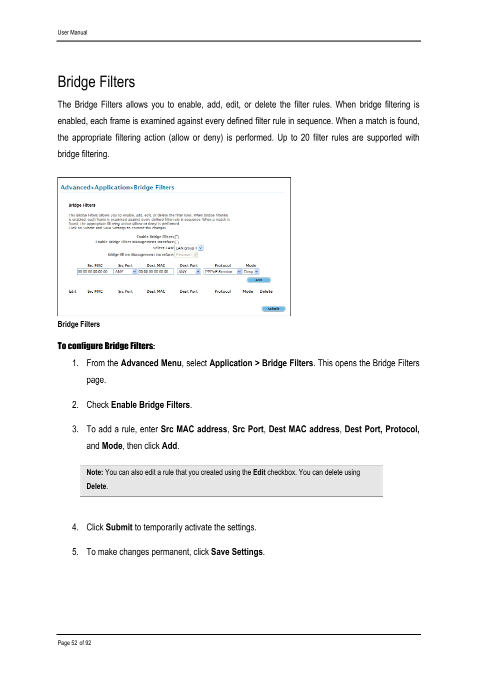 Bridge filters | Shiro ADSL 2/2+ Ethernet Modem User Manual | Page 52 / 92