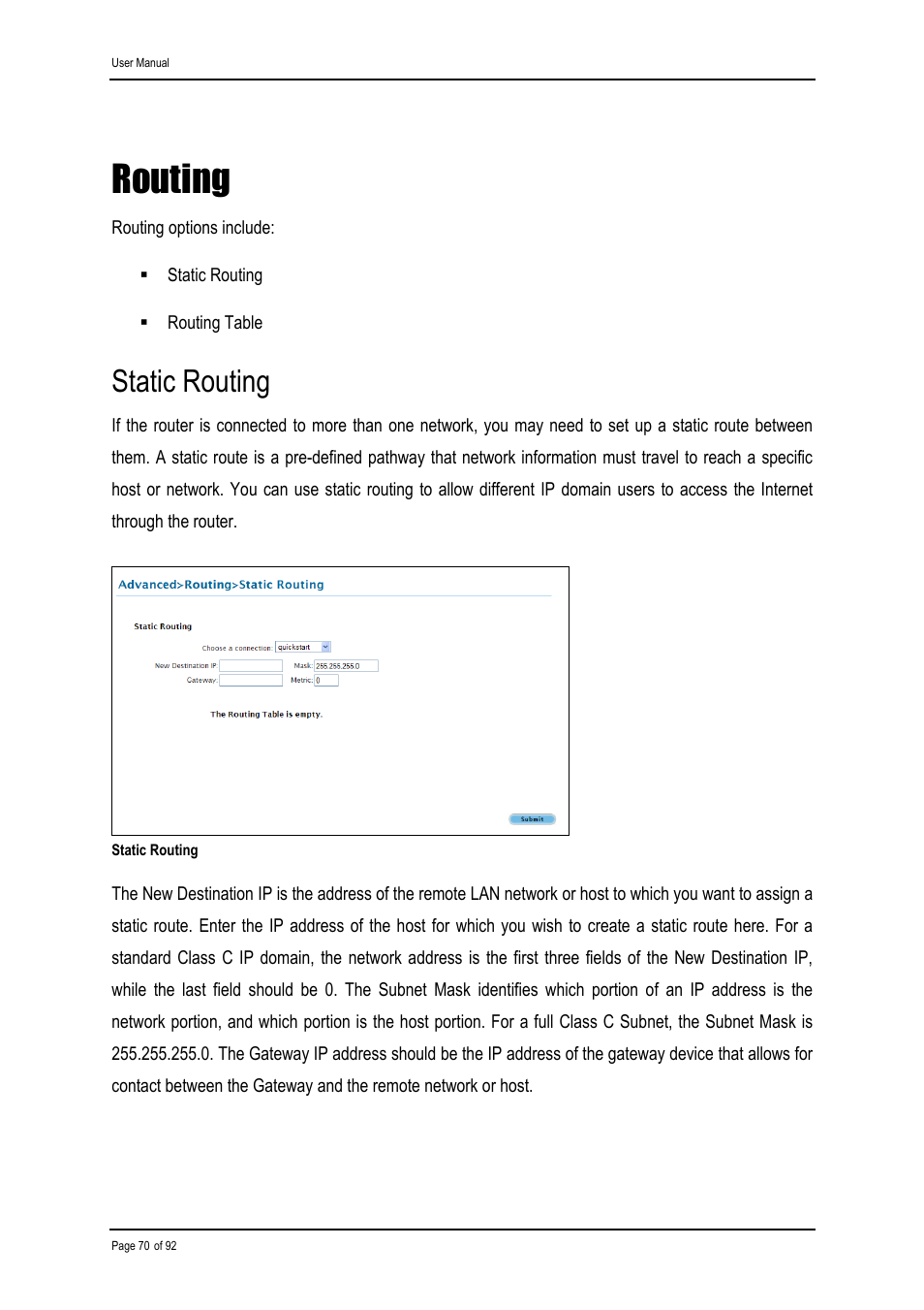 Routing, Static routing | Shiro ADSL 2/2+ Ethernet Modem User Manual | Page 70 / 92