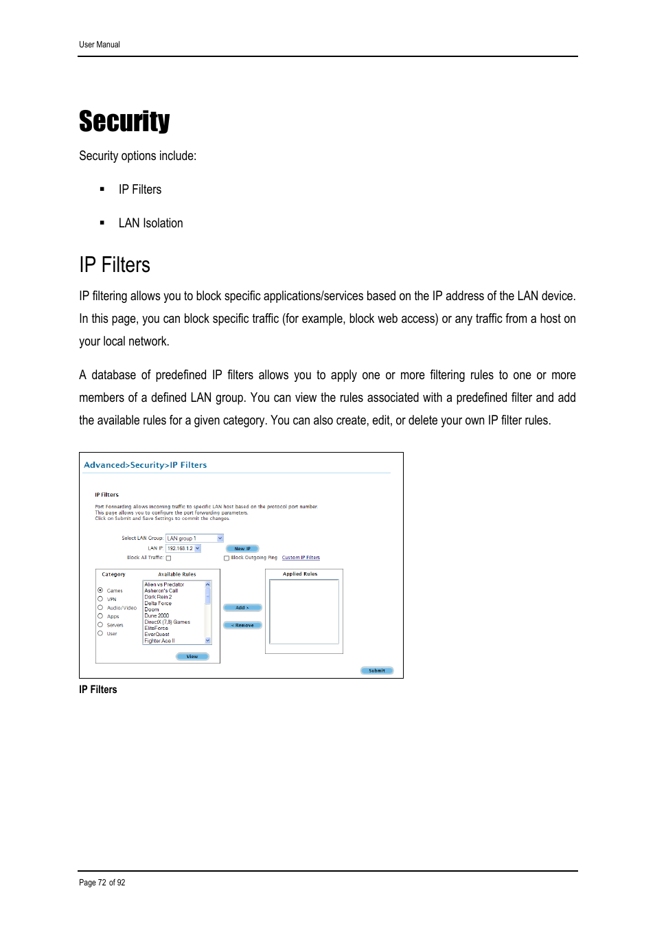 Security, Ip filters | Shiro ADSL 2/2+ Ethernet Modem User Manual | Page 72 / 92