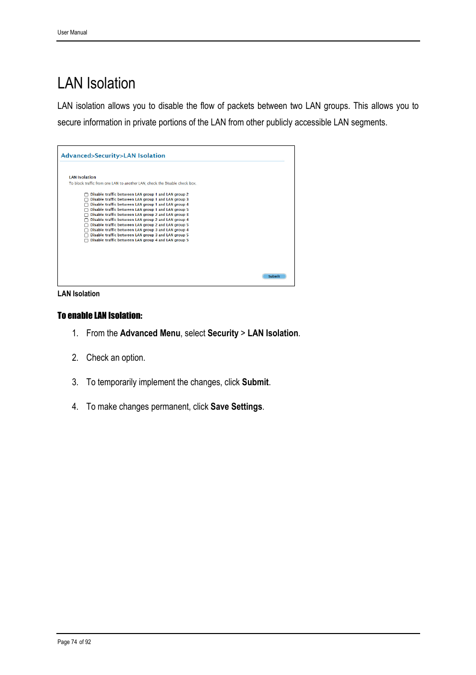 Lan isolation | Shiro ADSL 2/2+ Ethernet Modem User Manual | Page 74 / 92