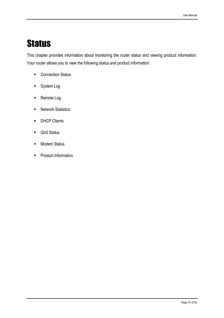 Status | Shiro ADSL 2/2+ Ethernet Modem User Manual | Page 75 / 92