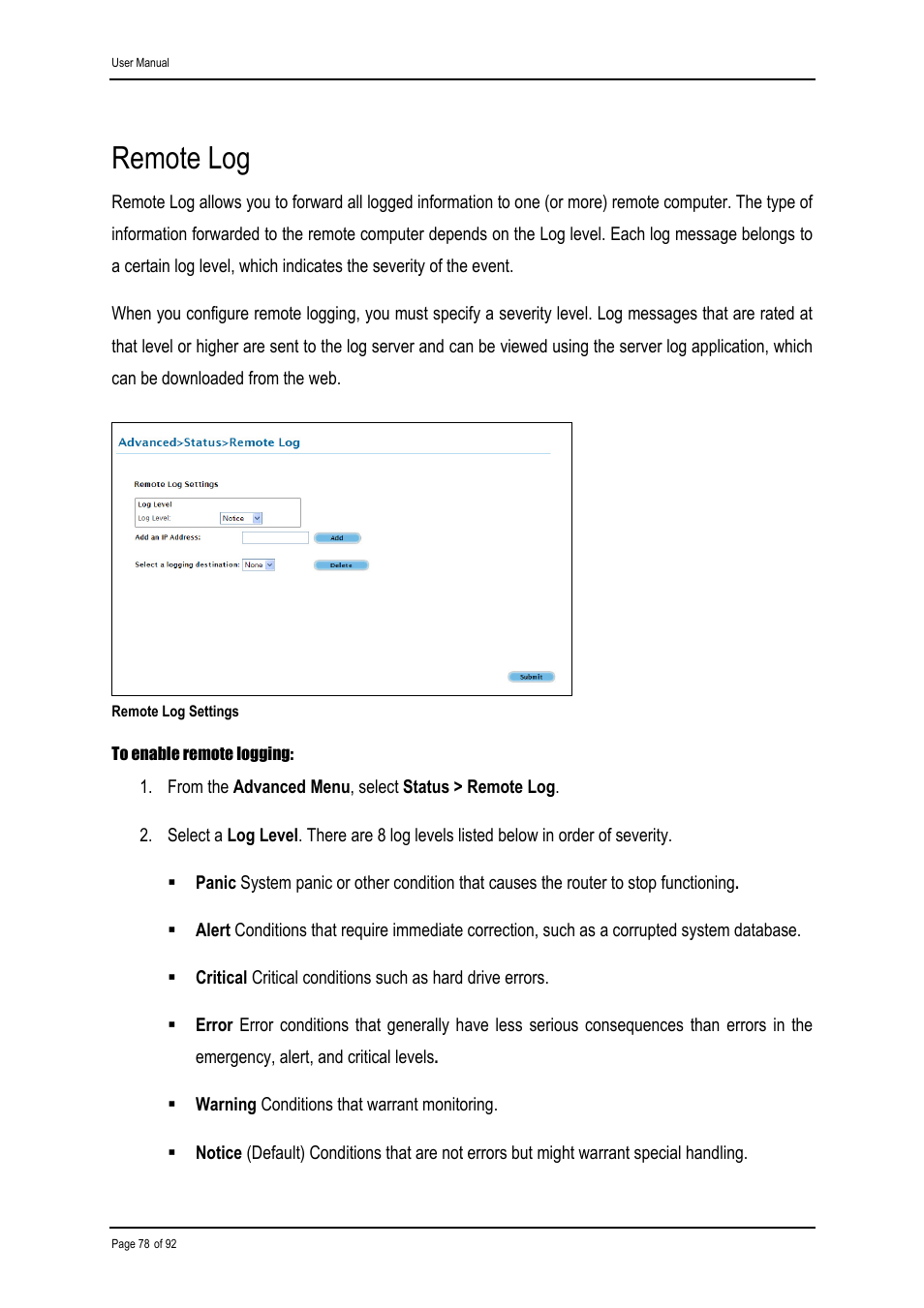 Remote log | Shiro ADSL 2/2+ Ethernet Modem User Manual | Page 78 / 92