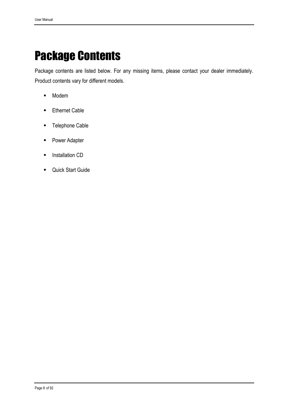 Package contents | Shiro ADSL 2/2+ Ethernet Modem User Manual | Page 8 / 92