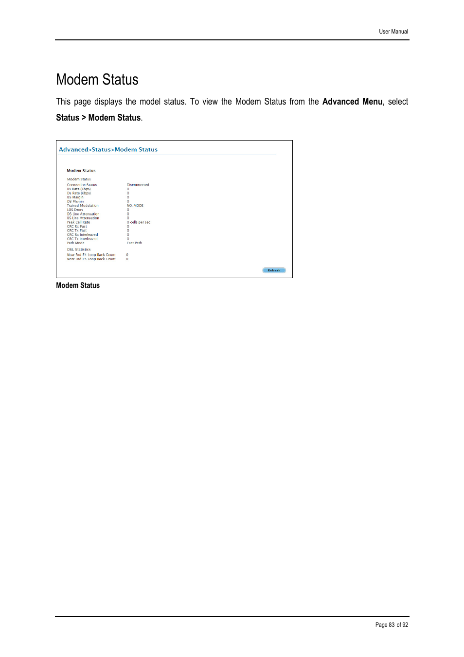 Modem status | Shiro ADSL 2/2+ Ethernet Modem User Manual | Page 83 / 92