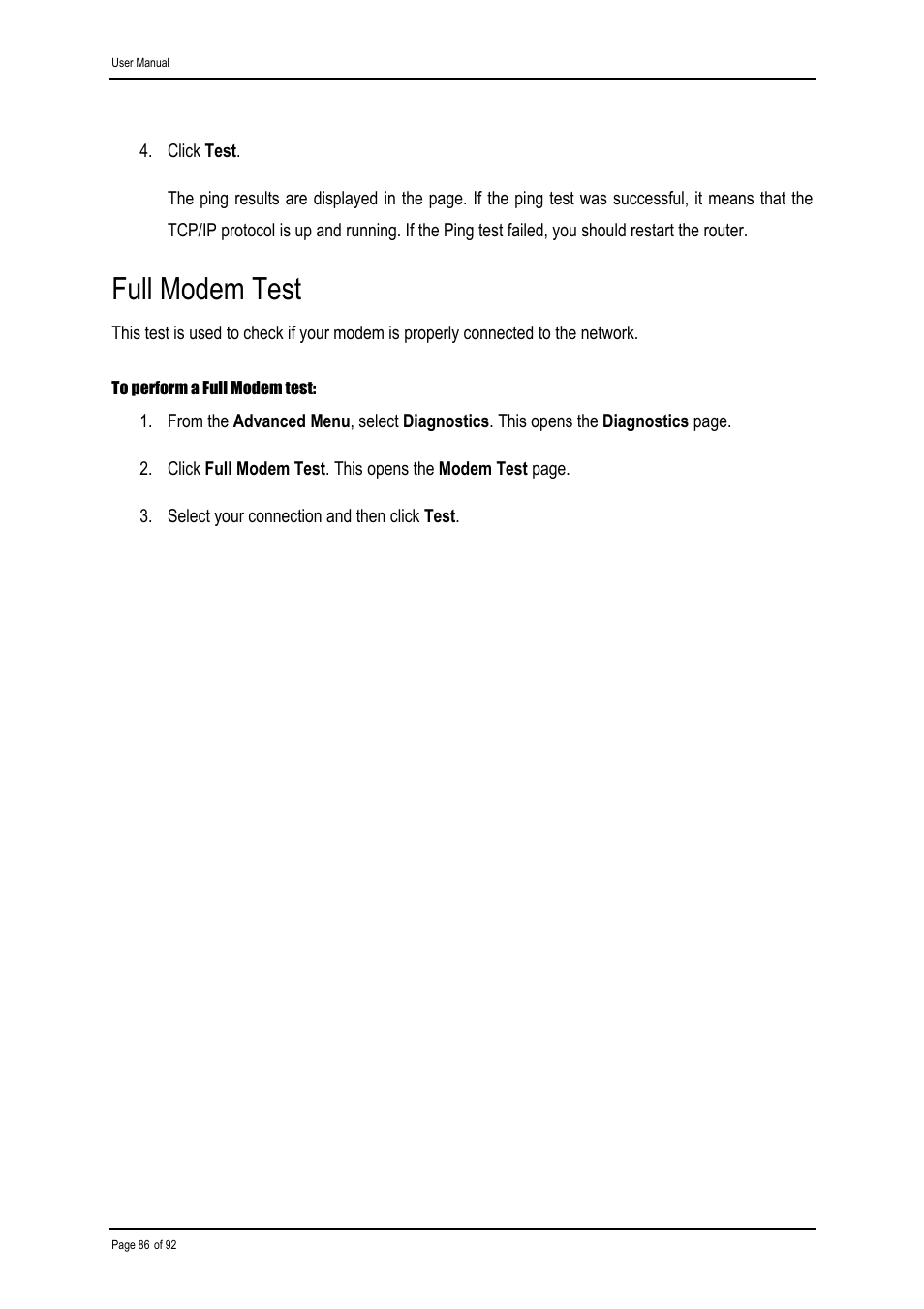 Full modem test | Shiro ADSL 2/2+ Ethernet Modem User Manual | Page 86 / 92