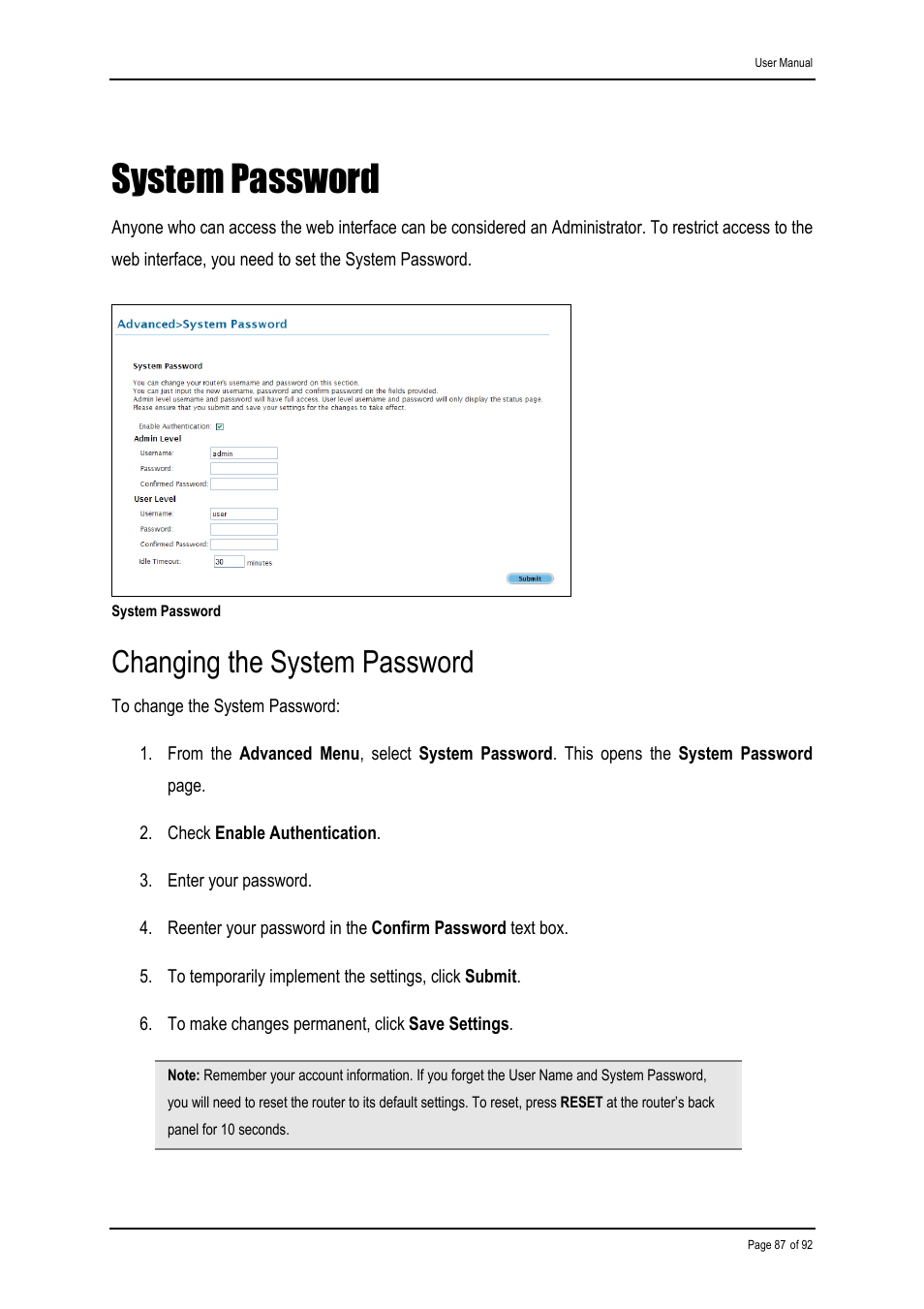 System password, Changing the system password | Shiro ADSL 2/2+ Ethernet Modem User Manual | Page 87 / 92