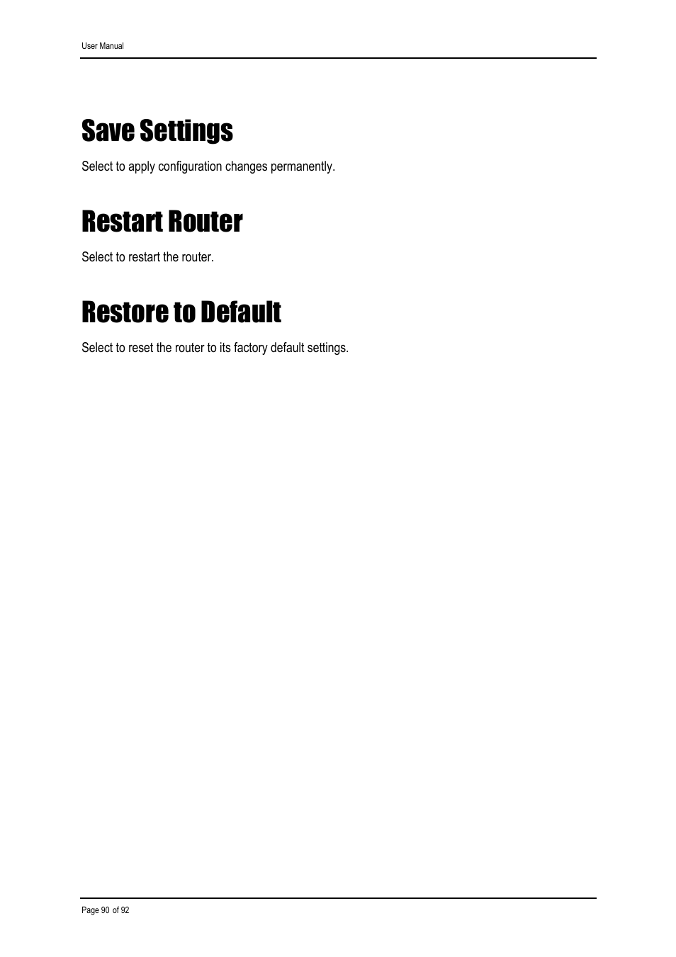 Save settings, Restart router, Restore to default | Shiro ADSL 2/2+ Ethernet Modem User Manual | Page 90 / 92