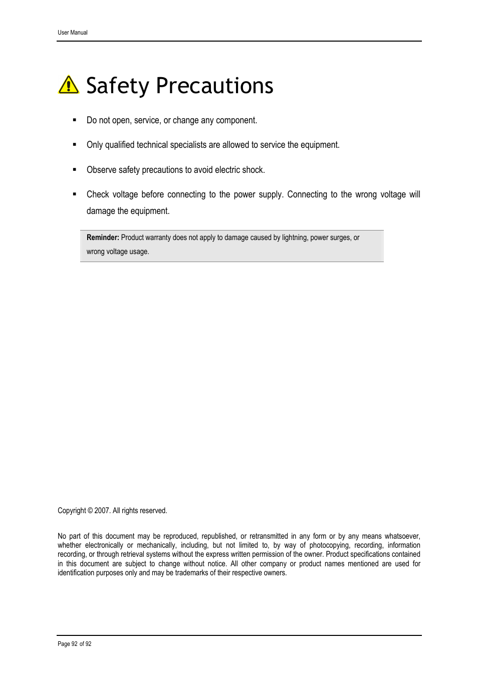 Safety precautions | Shiro ADSL 2/2+ Ethernet Modem User Manual | Page 92 / 92