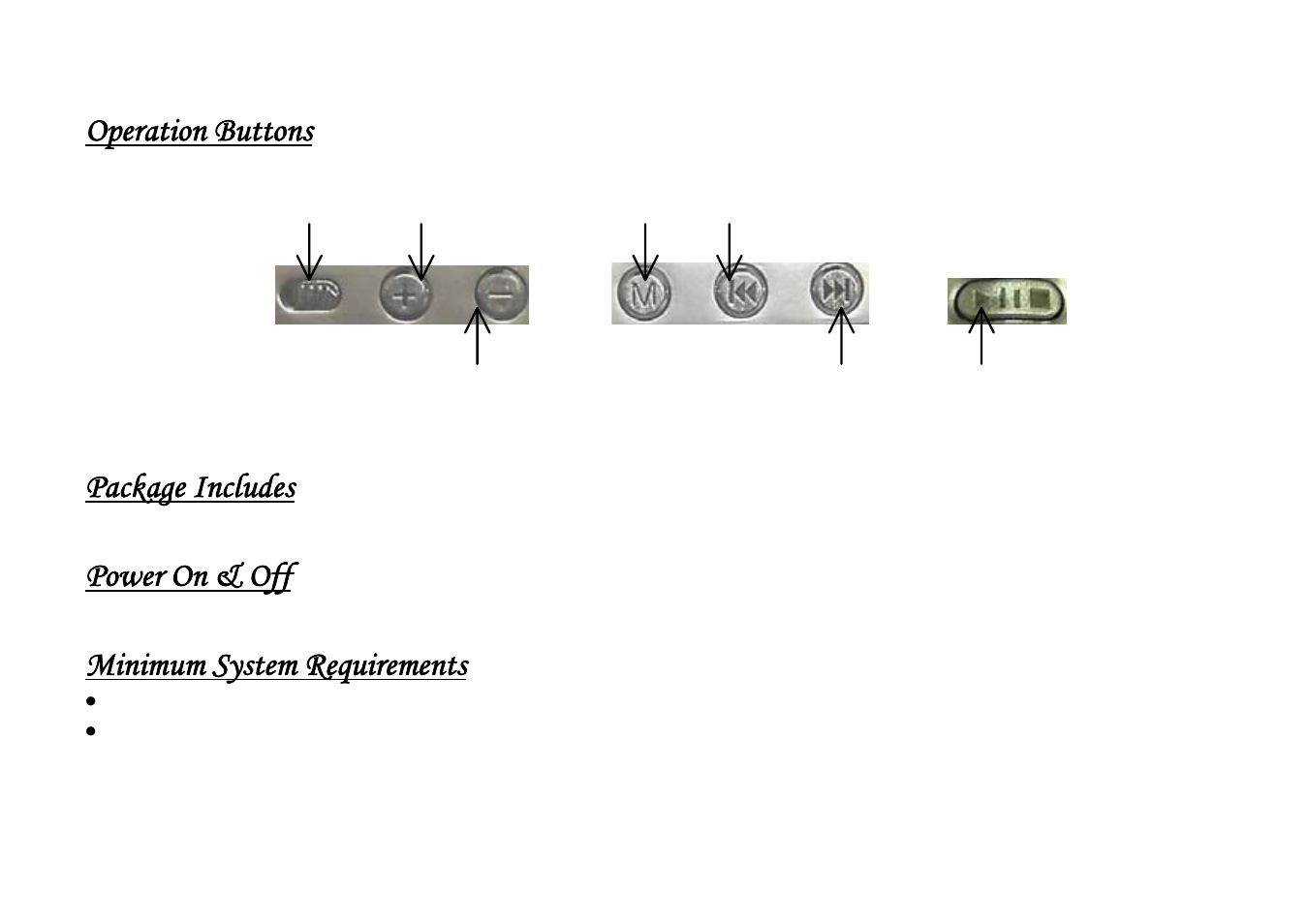 Operation buttons, Package includes, Power on & off | Minimum system requirements | Shiro DX User Manual | Page 3 / 13