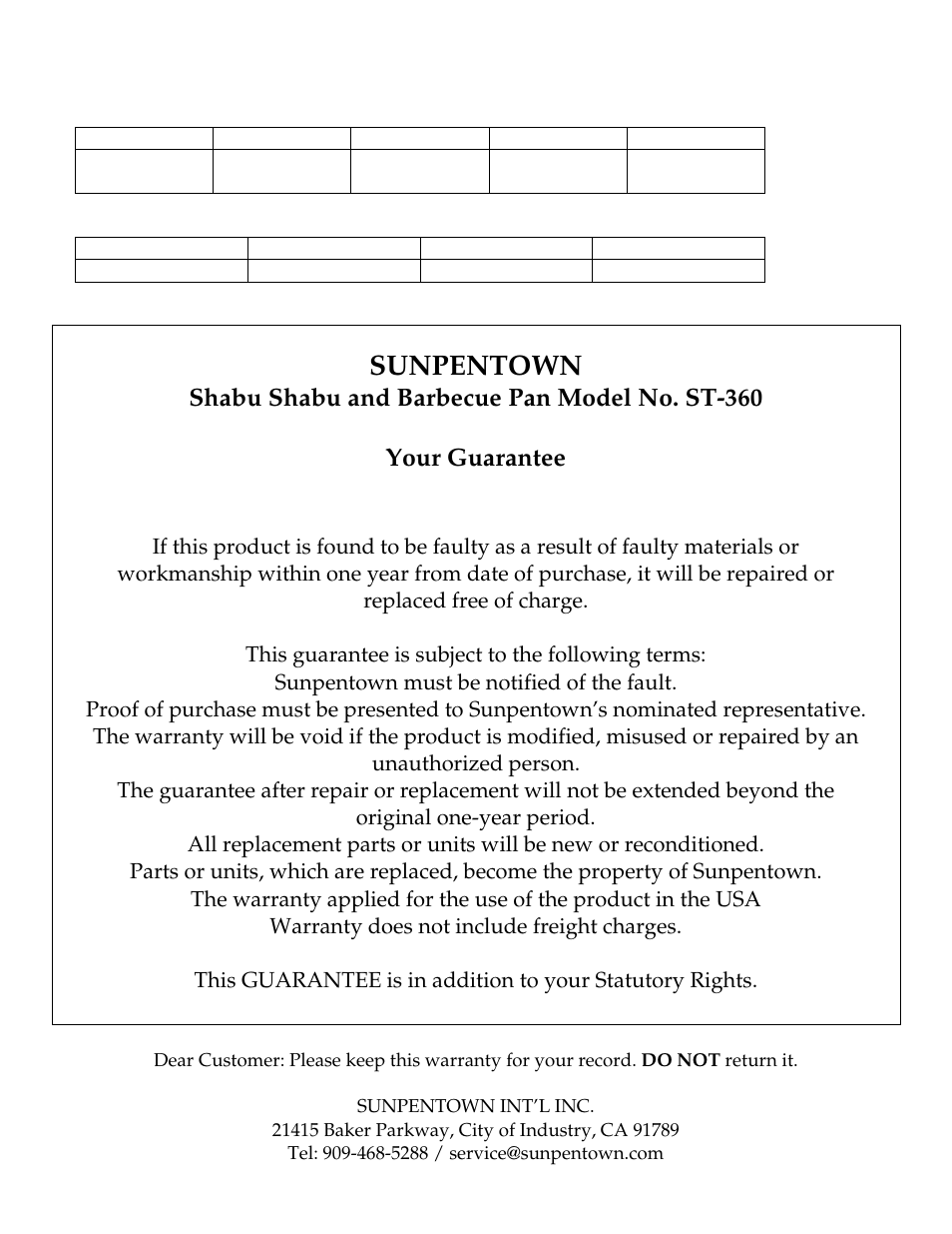 Sunpentown | SPT ST-360 User Manual | Page 5 / 5