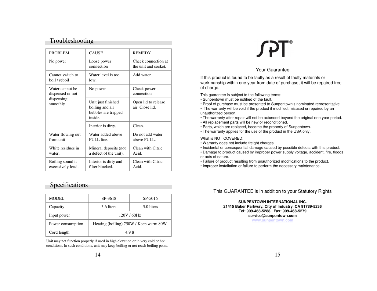 Troubleshooting, Specifications | SPT SP-5016 User Manual | Page 8 / 8