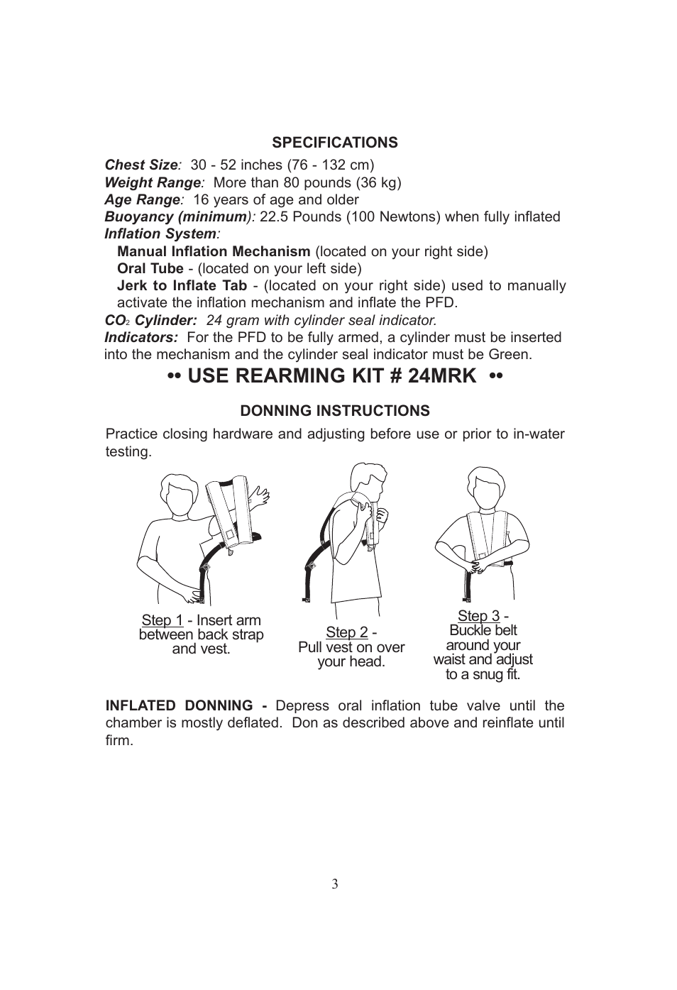Use rearming kit # 24mrk | Stearns Safety & Survival 24MSPT-1 User Manual | Page 3 / 16