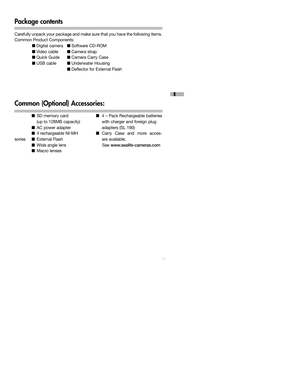 Package contents, Common (optional) accessories | Sealife DC250 User Manual | Page 15 / 71