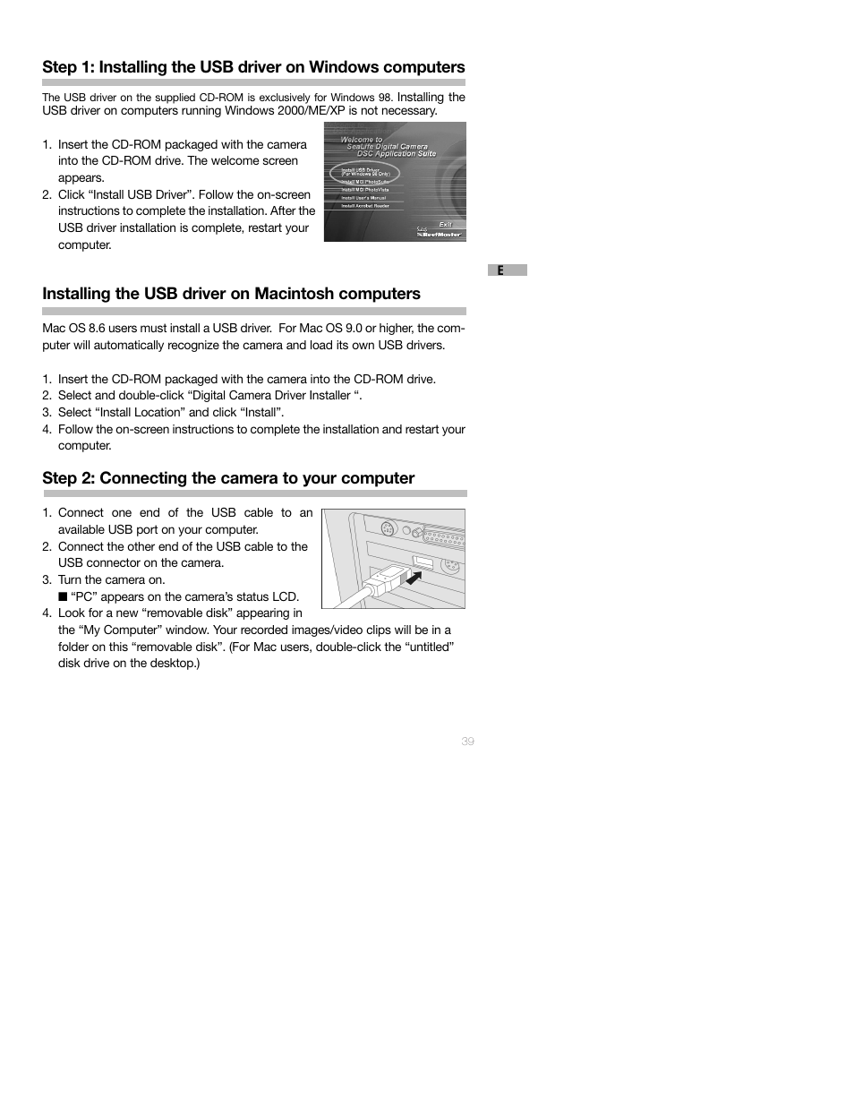 Installing the usb driver on macintosh computers, Step 2: connecting the camera to your computer | Sealife DC250 User Manual | Page 39 / 71