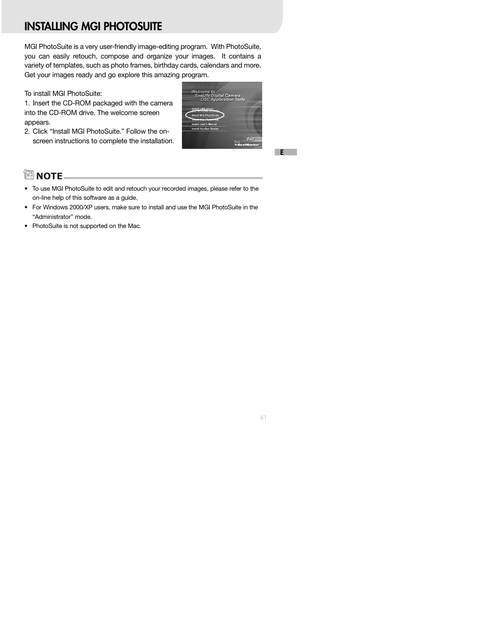 Installing mgi photosuite | Sealife DC250 User Manual | Page 41 / 71