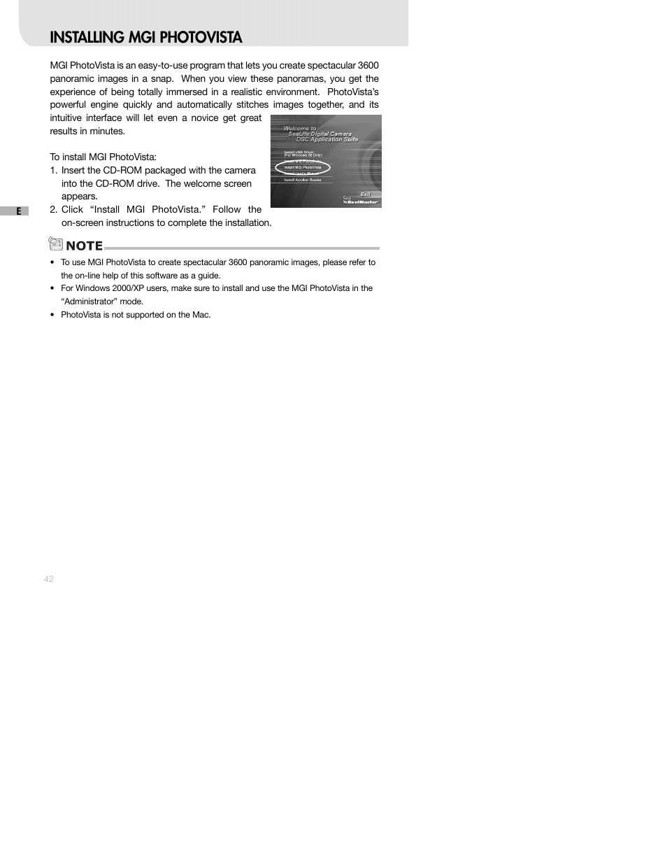 Installing mgi photovista | Sealife DC250 User Manual | Page 42 / 71