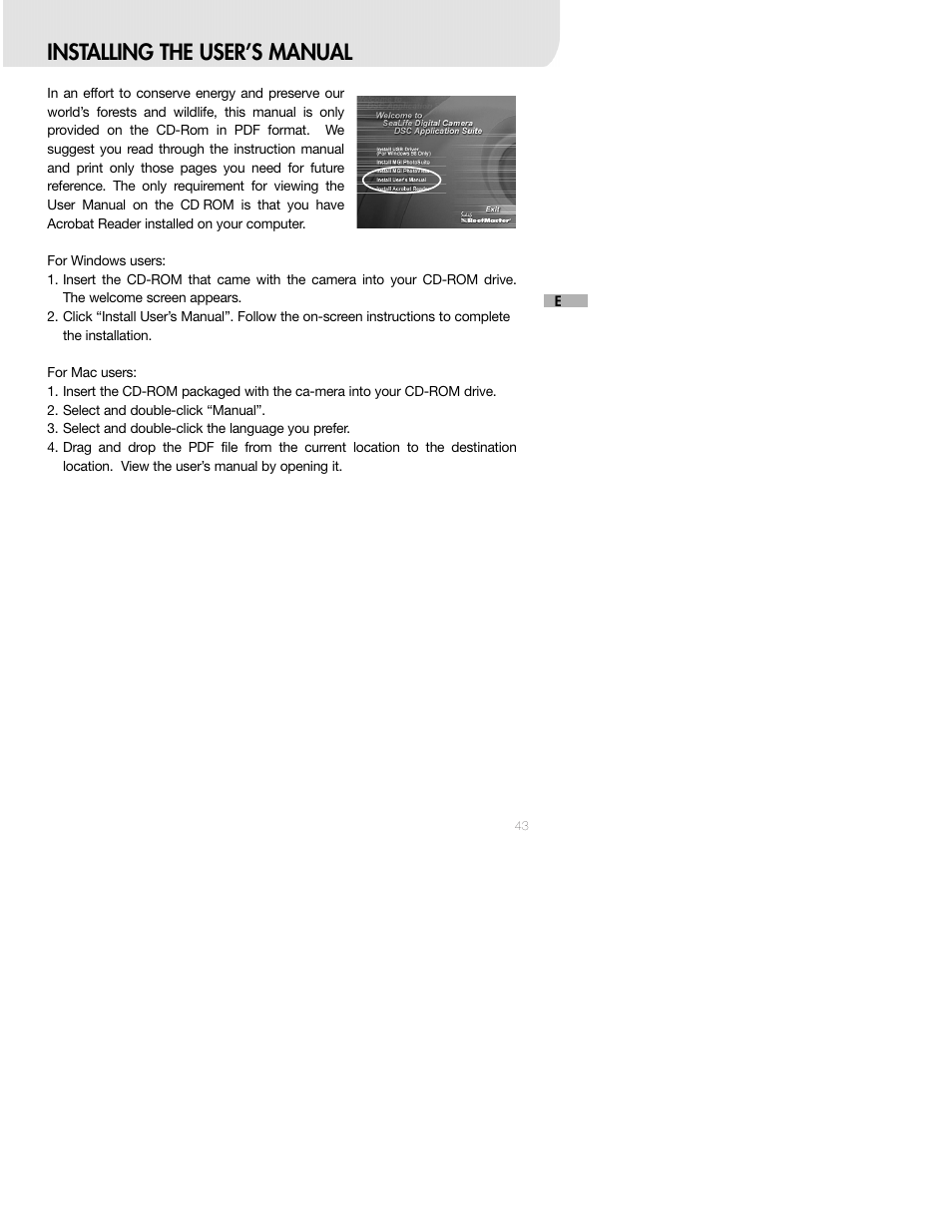Installing the user’s manual | Sealife DC250 User Manual | Page 43 / 71