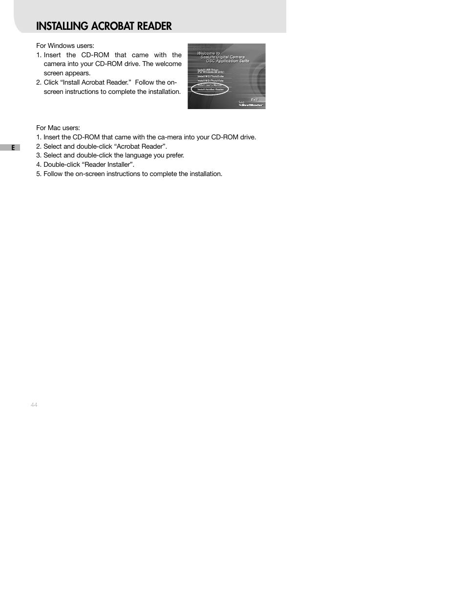 Installing acrobat reader | Sealife DC250 User Manual | Page 44 / 71