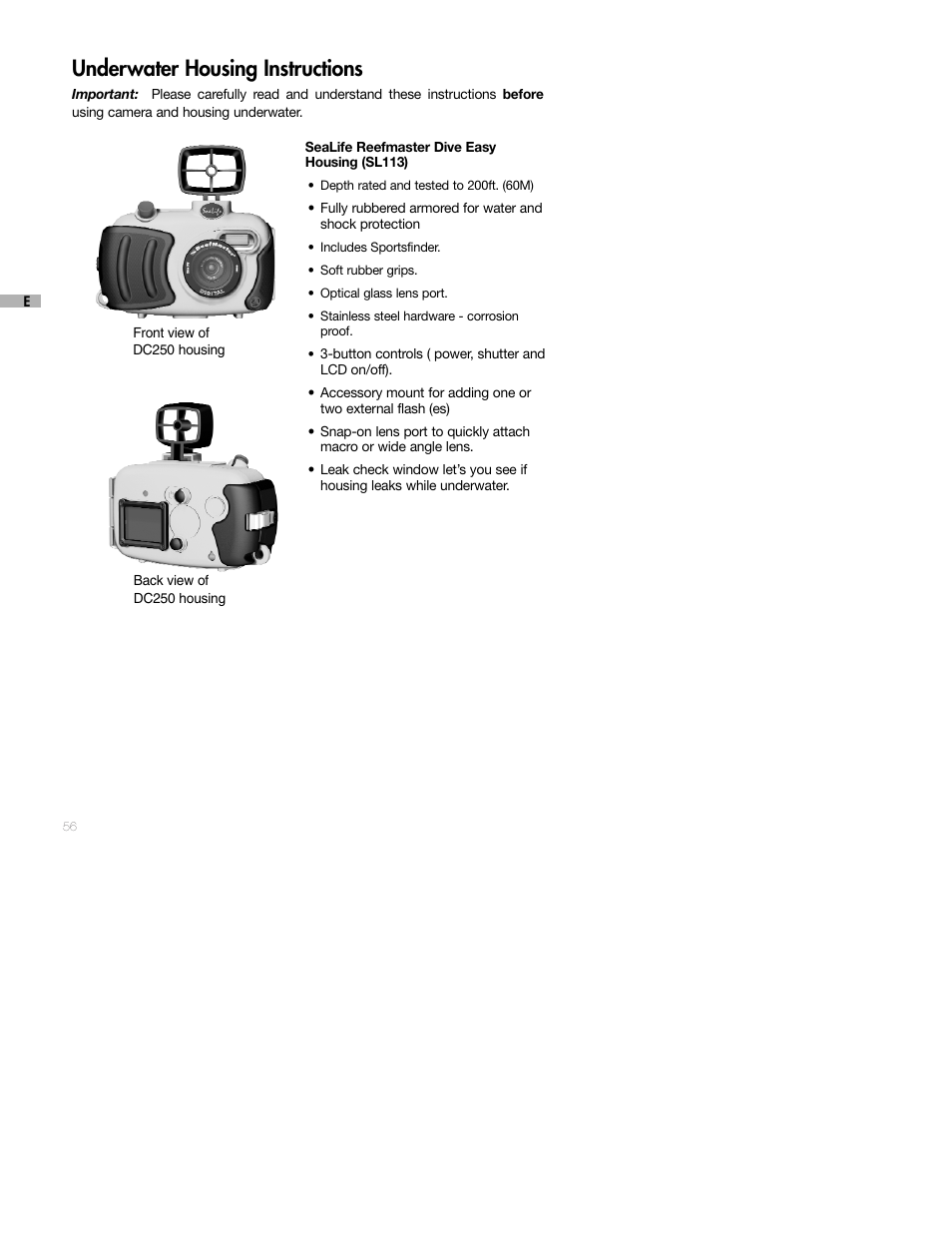 Underwater housing instructions | Sealife DC250 User Manual | Page 56 / 71