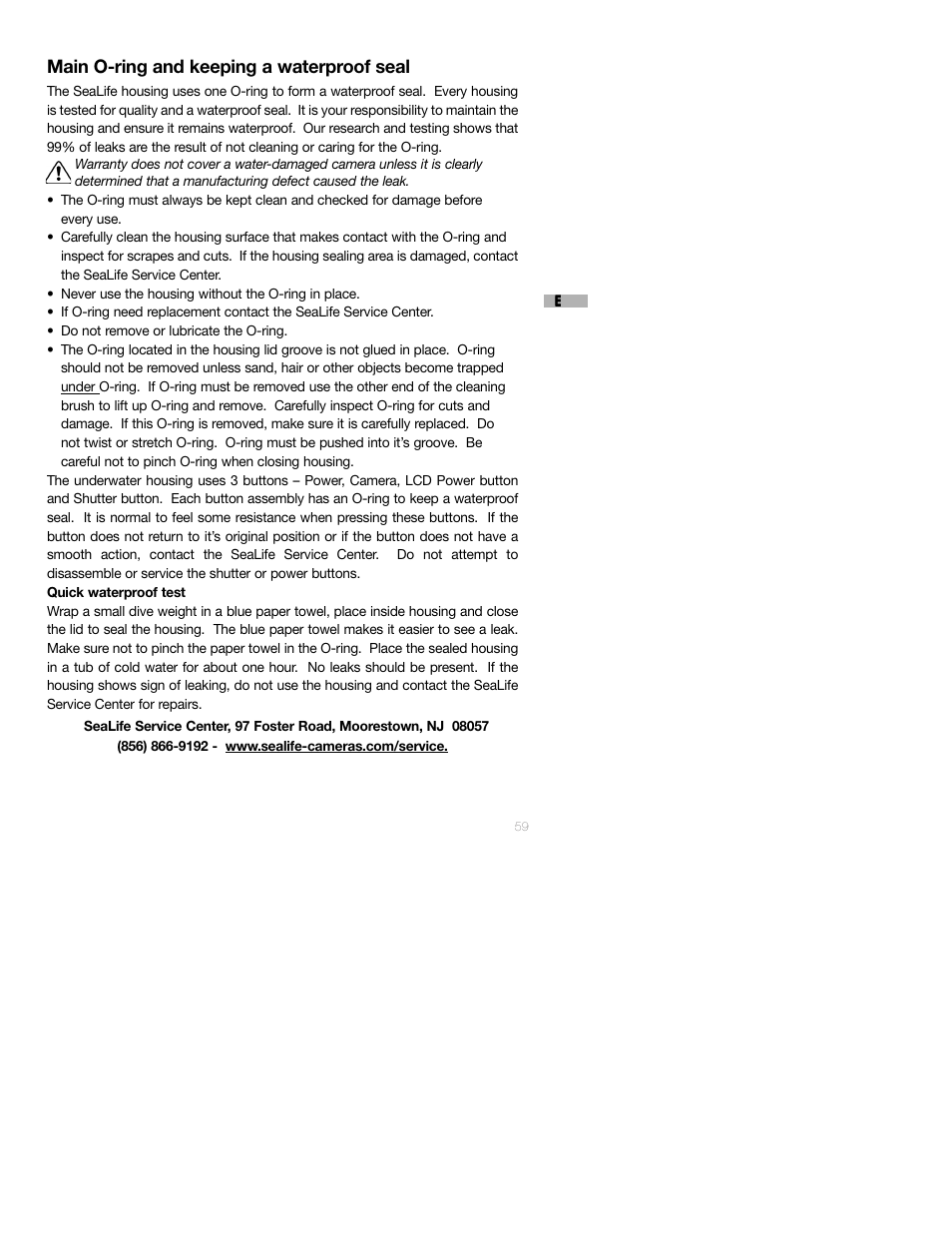 Main o-ring and keeping a waterproof seal | Sealife DC250 User Manual | Page 59 / 71