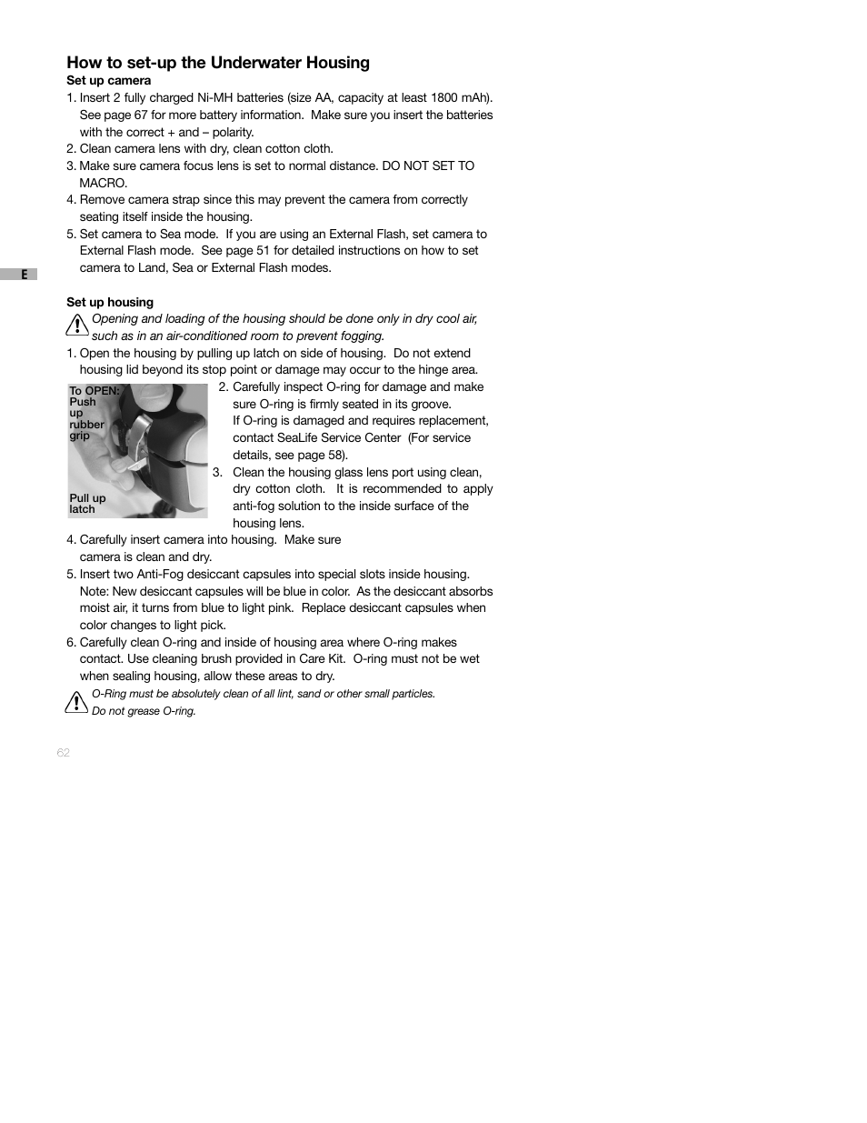 How to set-up the underwater housing | Sealife DC250 User Manual | Page 62 / 71