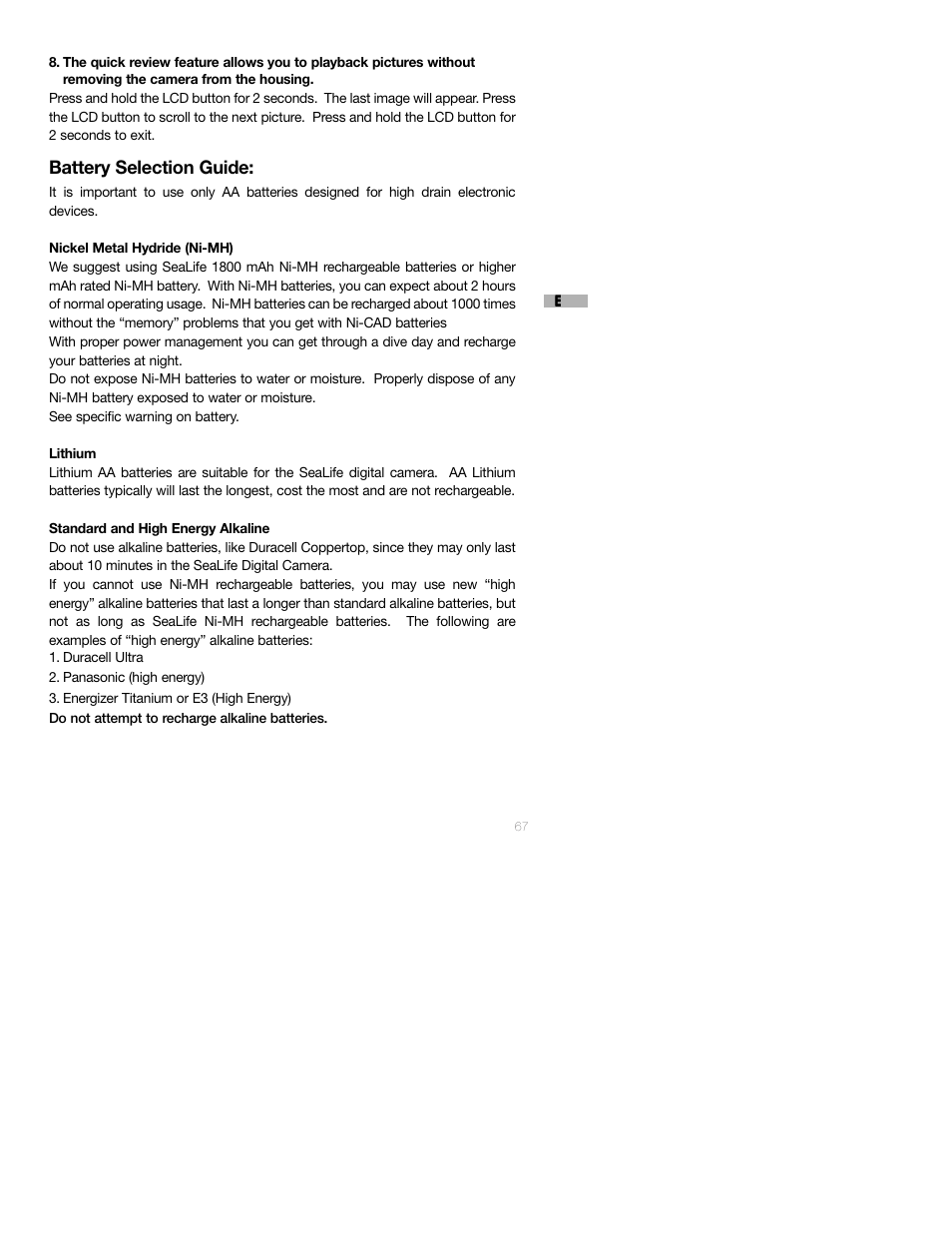 Battery selection guide | Sealife DC250 User Manual | Page 67 / 71