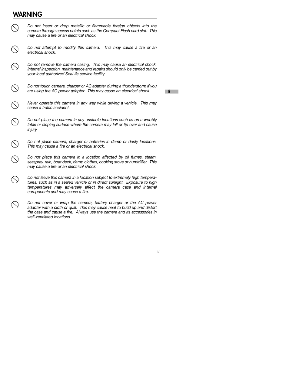 Warning | Sealife DC250 User Manual | Page 7 / 71