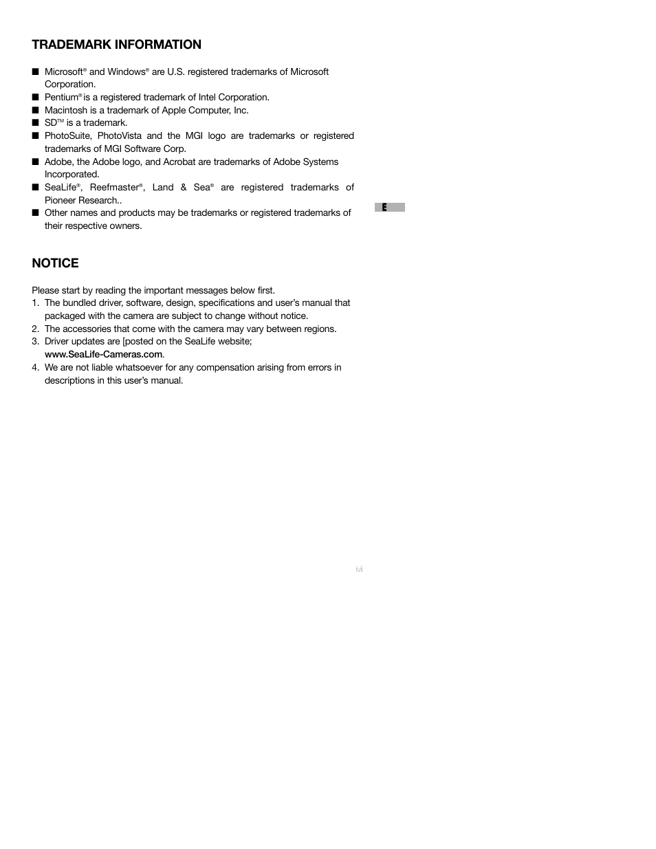 Trademark information, Notice | Sealife DC250 User Manual | Page 9 / 71