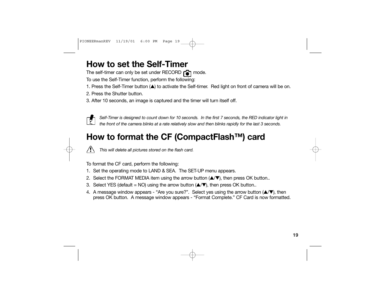 How to set the self-timer, How to format the cf (compactflash™) card | Sealife DC100 User Manual | Page 28 / 66